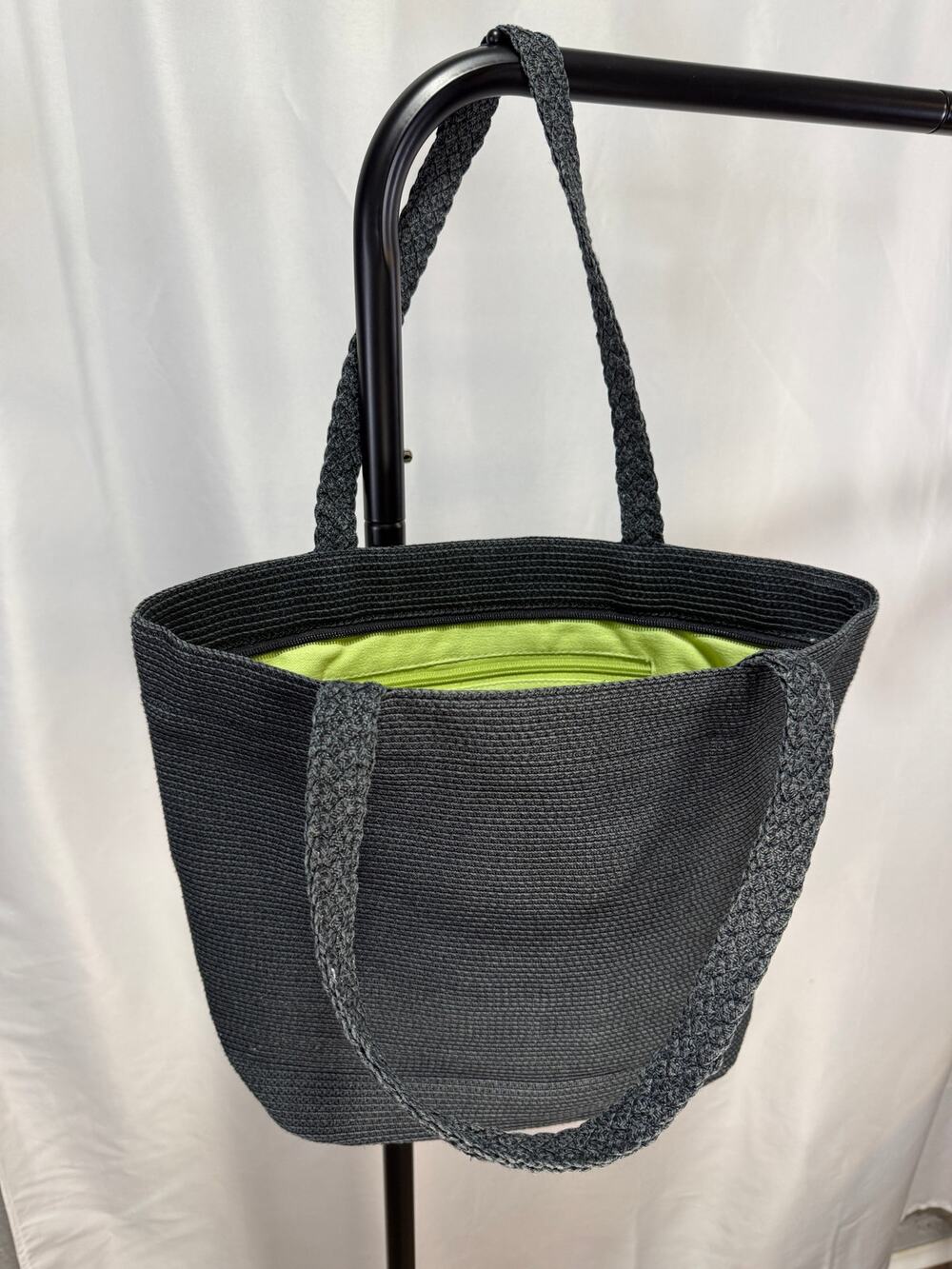 Talbots Black Woven Straw Tote Shoulder Bag Lime Green Lining Zip Top Large